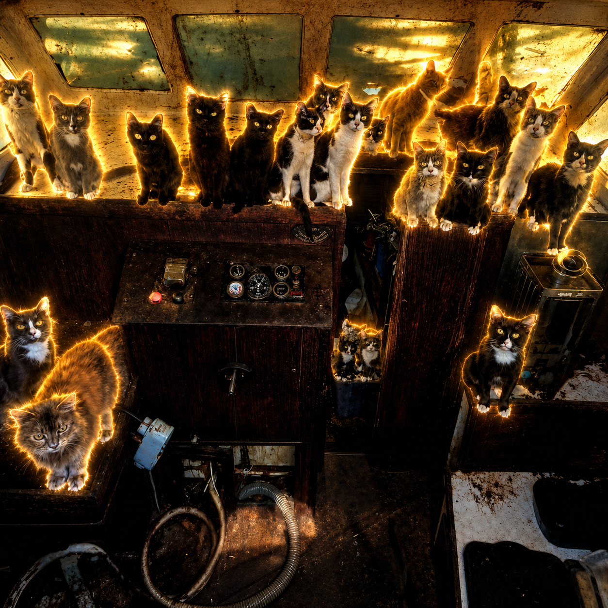 Cats aboard the abandoned boat surrounded by golden light